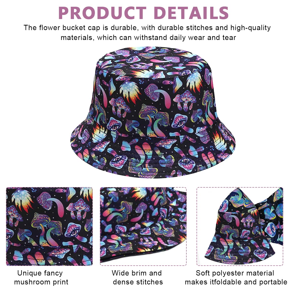 PALAY Digital Print Bucket Hat for Men Women Fashion Color Mushroom Print Beach Hat Cap for Travel, Hiking, Outdoor Fisherman Cap PALAY Digital Print Bucket Hat for Men Women Fashion Color Mushroom Print Beach Hat Cap for Travel, Hiking, Outdoor Fisherman Cap
